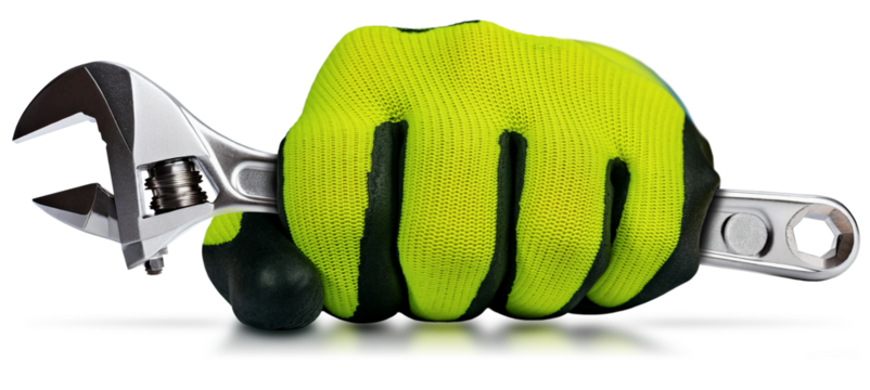 Manual worker with protective work gloves holding a stainless steel adjustable wrench, isolated on white or transparent background with reflections. Png. Generative Ai.