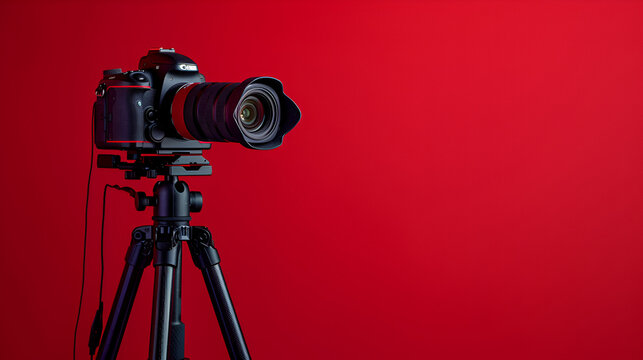 Professional camera on a tripod, on a red background ,Record videos and photos for your blog, reportage ,Free space, isolated red background 