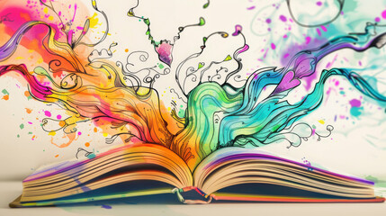 An open book with vibrant, colorful abstract illustrations bursting out of its pages, symbolizing imagination or creativity.