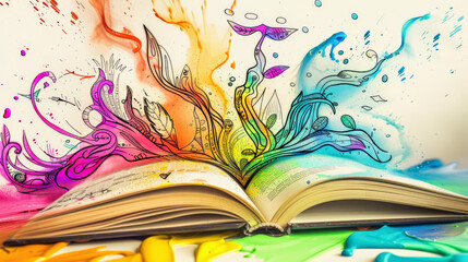An open book with colorful abstract art flowing from its pages, representing creativity and imagination brought to life through reading.