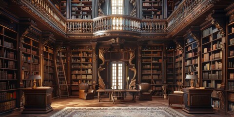 medieval castle librarytowering bookshelves interior scene painting