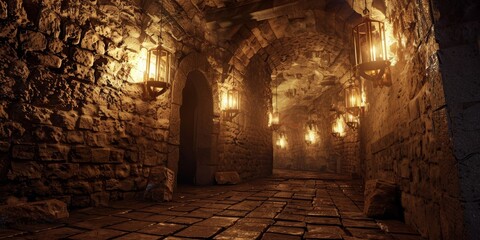 Medieval dungeon interiorstone walls and flickering torches. - obrazy, fototapety, plakaty