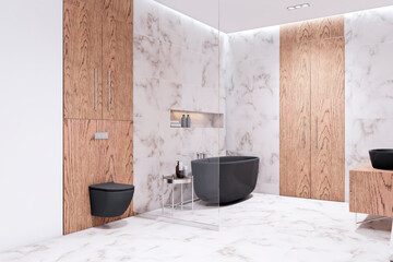 Elegant bathroom with wooden cabinets and marble detailing. Interior design and luxury concept. 3D Rendering