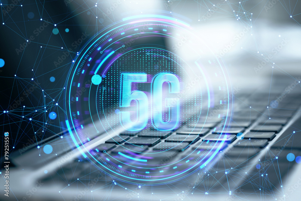 Poster close up of laptop keyboard with creative glowing polygonal 5g hologram on blurry background. high-s