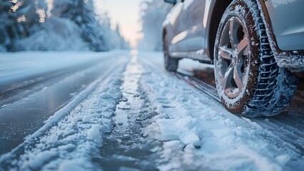 Navigating an icy road in snowy conditions. Concept Winter Driving, Icy Roads, Snowy Weather, Safety Tips, Cold Weather Driving - obrazy, fototapety, plakaty