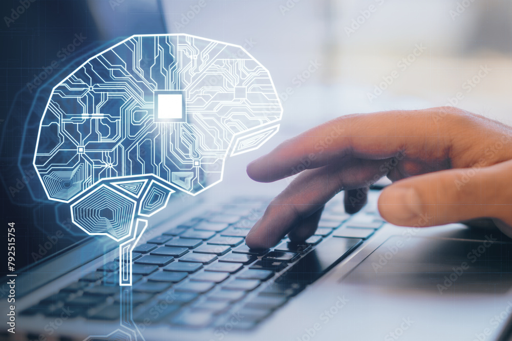 Poster close up of male hand using laptop with creative glowing ai brain hologram and circuit on blurry off