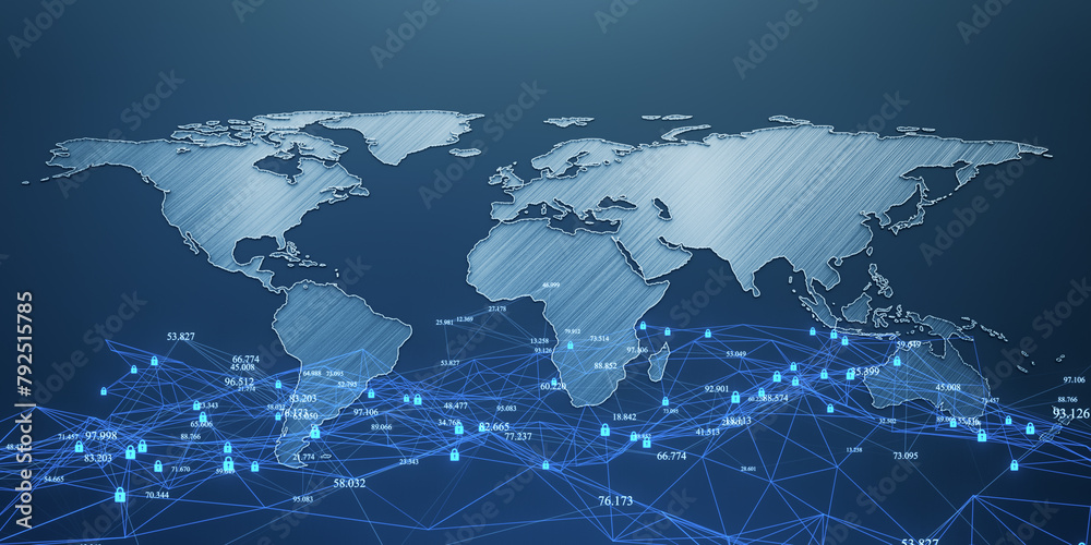 Aufkleber creative polygonal mesh on blue background with map. big digital data concept. 3d rendering.