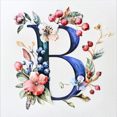 Watercolor letter B in flowers and berries on a white background.