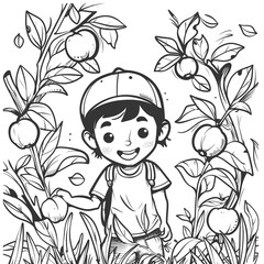 coloring page for kidswith kid character persimmo - obrazy, fototapety, plakaty