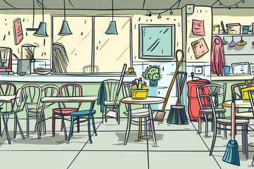 Cartoon cute doodles of a cafeteria at the end of the day with chairs stacked on tables, mops leaning against walls, and the smell of cleaning supplies lingering in the air, Generative AI
