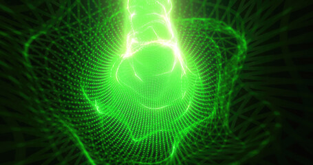 Green energy tunnel frame made of futuristic particles and lines of energy force field. Abstract background
