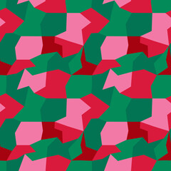 Vivid geometric camouflage seamless pattern in green, red and pink tones. Polygon shaped elements organized in a surface art texture for printing or use in graphic design. - obrazy, fototapety, plakaty