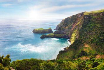 Azores - Flrores island - View from Miradouro do Ilheu Furado towards the Atlantic ocean and the...