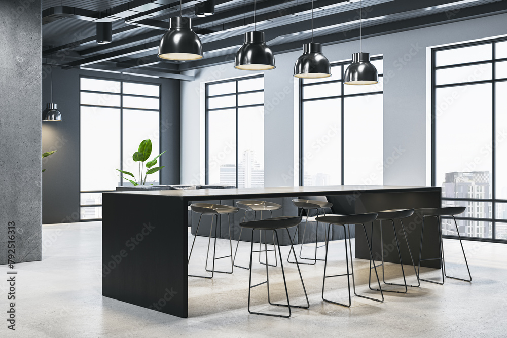Poster clean kitchen interior with table, chairs and panoramic windows with city view.. 3d rendering.