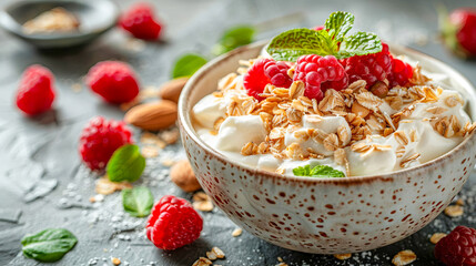 Homemade yogurt with fruits, berries and nuts in a bowl.