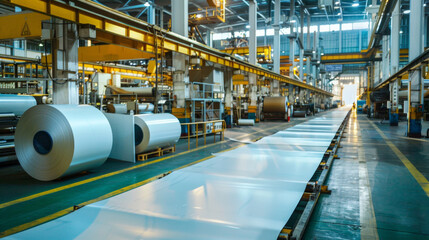 Gleaming rolls of paper in a spacious, well-lit factory hall