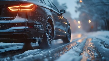 Car navigating icy road on a snowy street. Concept Winter Driving, Icy Roads, Car Safety, Snowy Commute, Hazardous Conditions - obrazy, fototapety, plakaty