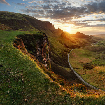 Landscape - Dramatic sunrise sky over the Quiraing hills on the Trotternish peninsula on the Isle of Skye in the Highlands of Scotlandhlands of Scotland