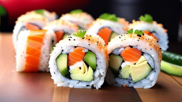 Sushi roll macro set of fresh sushi from fish, salmon, rice, avocado on wooden board. Sushi restaurant, sushi delivery. Selective focus