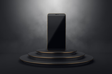 Empty gray background with round stairs pedestal and mock up place for smartphone. Ad concept. 3D Rendering.
