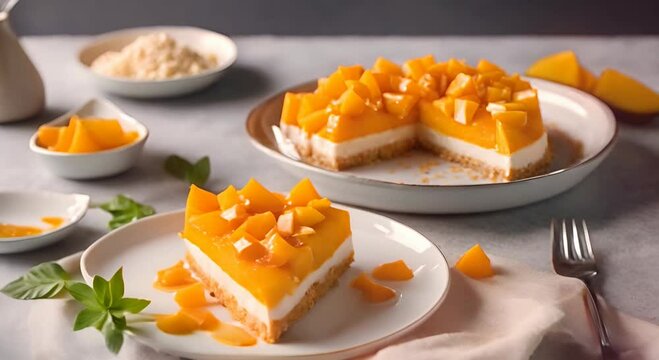 A slice of mango cheesecake with a fork ready to take a bite