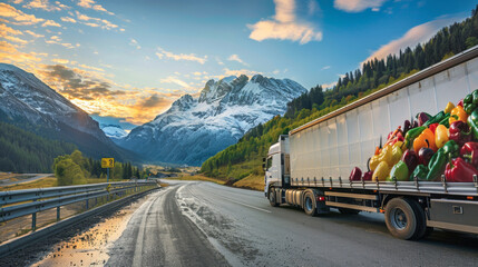 Truck transporting colorful vegetables with mountain backdrop