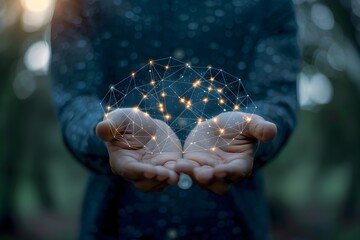 Captivating Businessman Holding Futuristic Customer Network in Hands