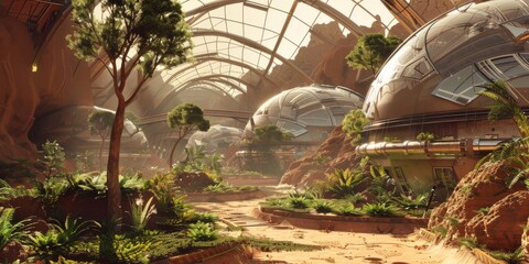 Futuristic Martian ColonyTerraformed Domes in Sci-Fi Landscape Image - obrazy, fototapety, plakaty