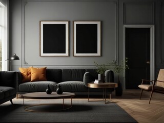 Mockup frame in black living room interior with retro decor, 3d render - obrazy, fototapety, plakaty
