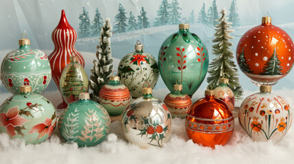 Festive Assortment of Vintage Christmas Ornaments Displayed on Snowy Backdrop