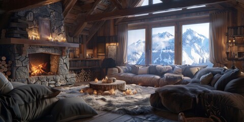 A Cozy Ski LodgeStone Fireplace and Fur Throw Decor
