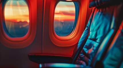 Airplane seat and window inside an aircraft. 