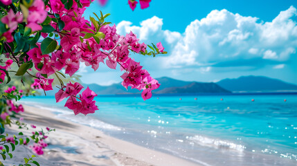 Seascape with bush of blooming bougainvillea on tropical beach on ocean background, mountains in the background. Wallpaper. Copy space. - 792518914