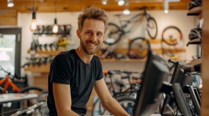 Fototapeta premium A man is smiling in a bike shop