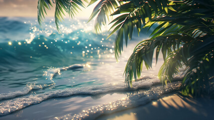 Beautiful sunset sandy beach with beautiful waves, sunlight streaming through beautiful palm leaves. No people. Copy space. Wallpaper.