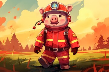 Obraz na płótnie Canvas cartoon illustration, a firefighter pig