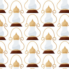 Oil or kerosene lamp. Vintage lamp in flat style. Seamless pattern for textile, wrapping paper, background.