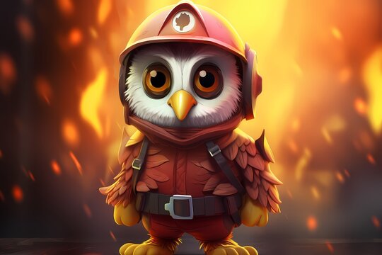 cartoon illustration, a firefighter owl
