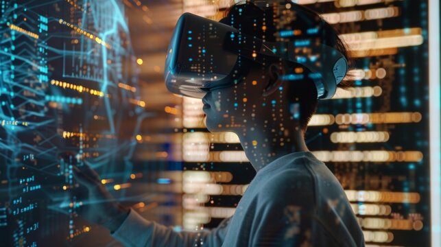 A portrait of an engineer working on a virtual reality simulator with a mix of computer code and mathematical equations floating around them. The imagery reflects the intersection .