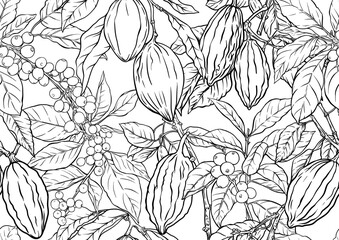 Coffee tree. Branch with leaves and berries. Cocoa tree branch with cocoa beans, chocolate beans, Seamless pattern, background. Vector illustration. In botanical style - 792519702