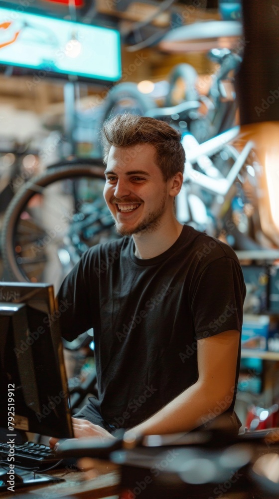 Aufkleber A man is sitting in front of a computer with a smile on his face