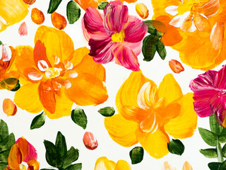 Abstract orange and yellow flowers, original hand drawn, impressionism style, color texture, brush strokes of paint, art background.