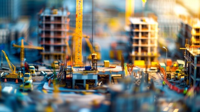 Soft focus photo of an active construction site highlighting the energy and activity as various elements of a project come together. Ideal for emphasizing the intricacies of a construction .