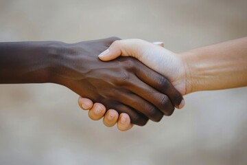 Two hands of different skin colors together in solidarity - obrazy, fototapety, plakaty