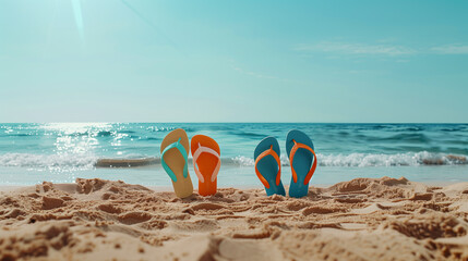 Two pairs of flip-flops standing upright on a beach, stuck in the sand, front view, one pair light blue and one pair orange. A bright sunny day. No one in sight. Copy space. Background, wallpaper. - 792520598