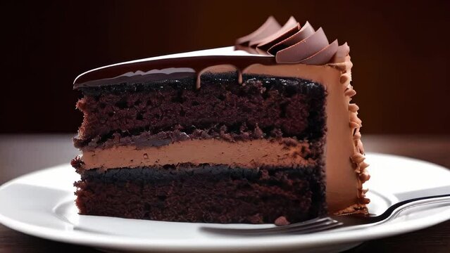 A piece of chocolate cake on white plate. Topping on chocolate dessert. Chocolate glaze on homemade dessert. Close up of decorated biscuit cake