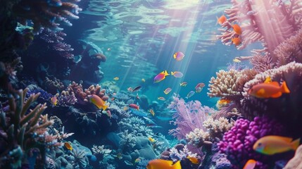 Fototapeta na wymiar An underwater wildlife protector glides through a stunning coral reef surrounded by a colorful array of fish and other marine life. With a camera in hand they document the beauty of .
