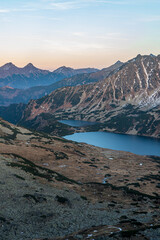 Dolina Pieciu Stawow Polskich with lakes and peaks above from Gladka Przelecz in High Tatras mountains