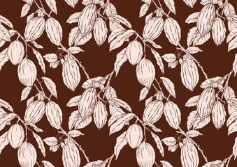 Cocoa tree branch with cocoa beans, chocolate beans, Seamless pattern, background. Vector illustration. In botanical style - 792520951