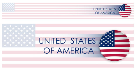 American flag horizontal web banner in modern neomorphism style. Webpage USA country header button for mobile application or internet site. Vector
